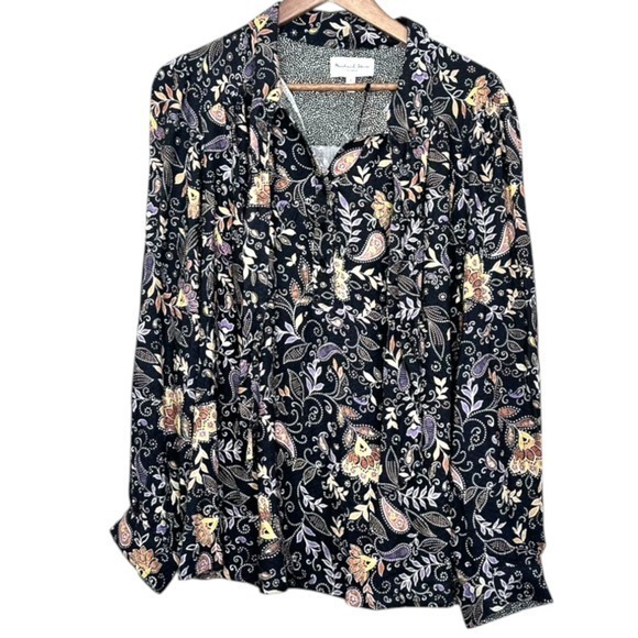 Michael Stars Tops - Michael Stars 1X Black Floral Printed Tie Bow Shirt Blouse Casual Office‎ NEW
